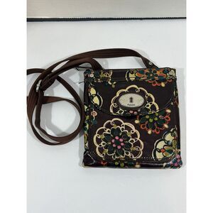 FOSSIL KEY-PER FLOWERS CROSSBODY MESSENGER SHOULDER PURSE BAG BROWN GEOMETRIC